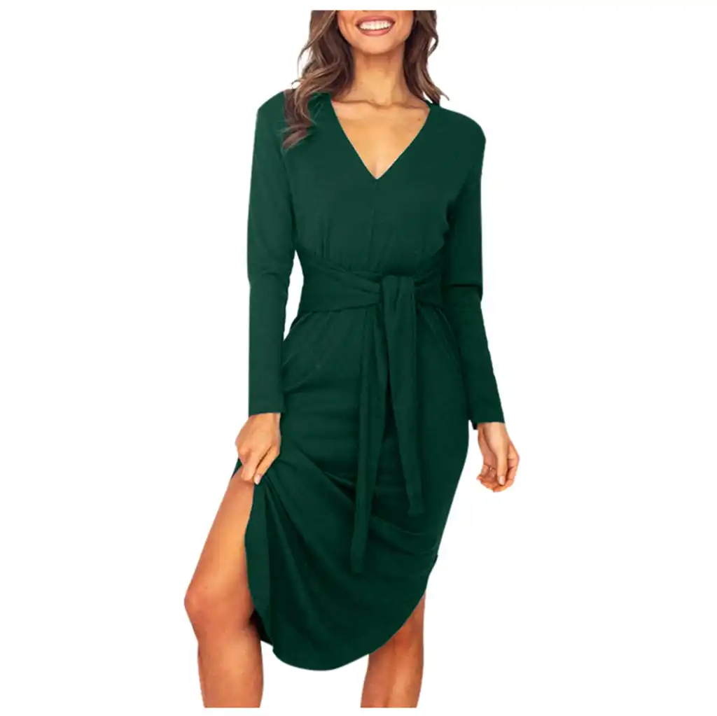 knitting dress women sexy v-neck solid long slee