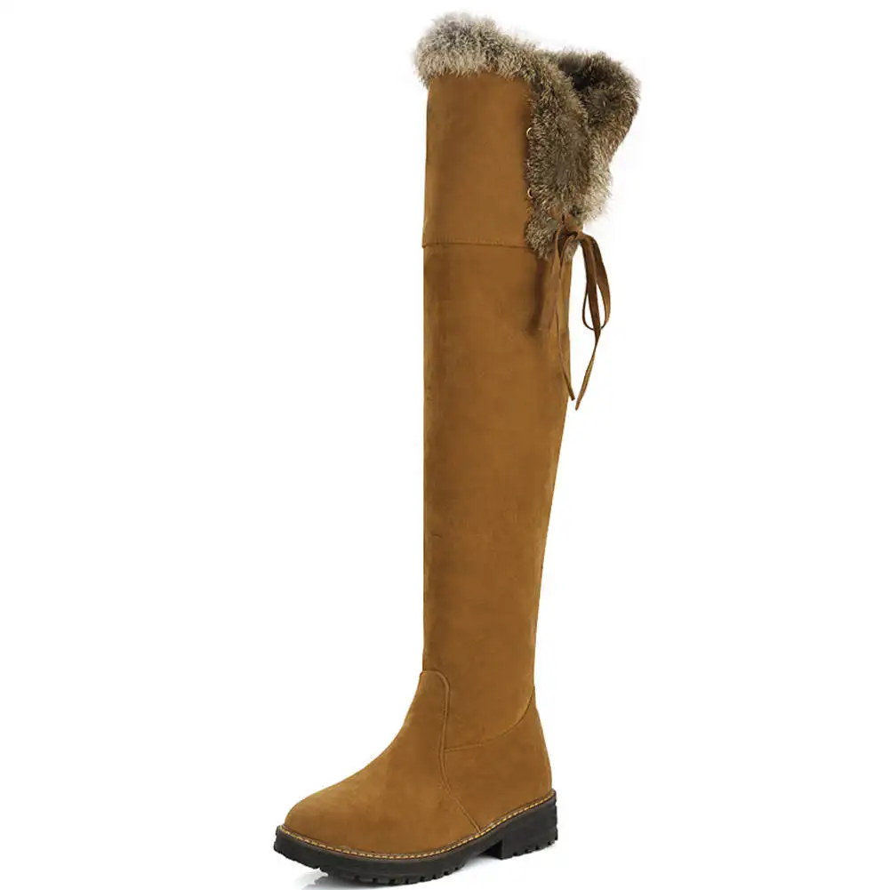 BONJOMARISA New 34-43 Elegant Fur Decorating Boots Ladies Thigh High Boots Women Med Heels Shoes Woman Over The Knee Boots - Цвет: Цвет: желтый