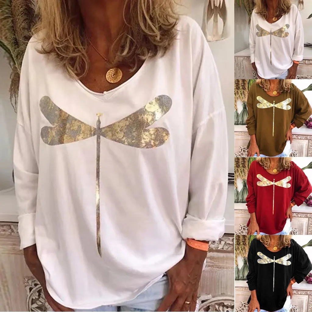 Poleras mujer de moda camiseta mujer Футболка женская Повседневная Свободная Длинная толстовка с v-образным вырезом и рукавом с принтом Топы camisa feminina