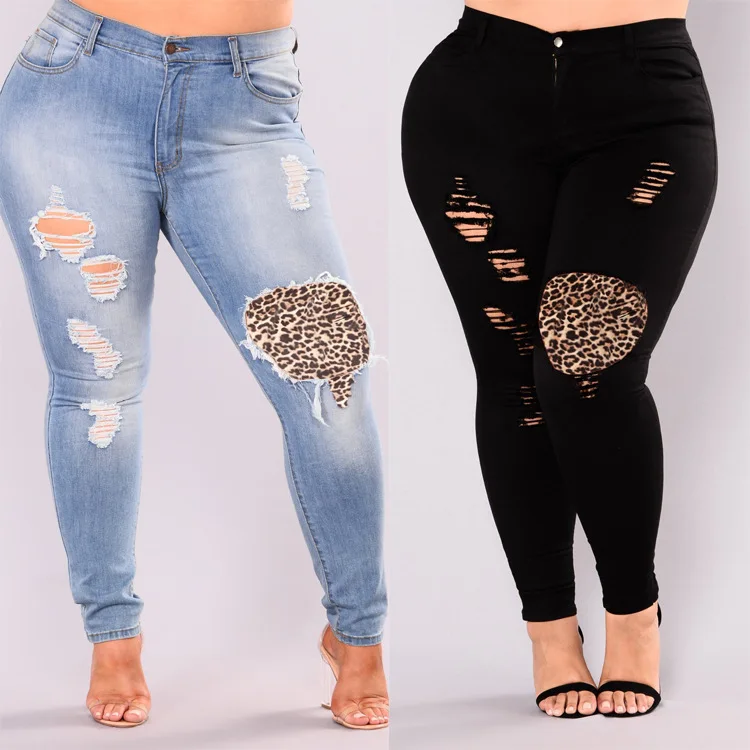 slim fit Autumn Spring Female New Fat Large Size L-6XL Slim-Fit Women's Jeans Ripped Feet Black Blue jeans jacket