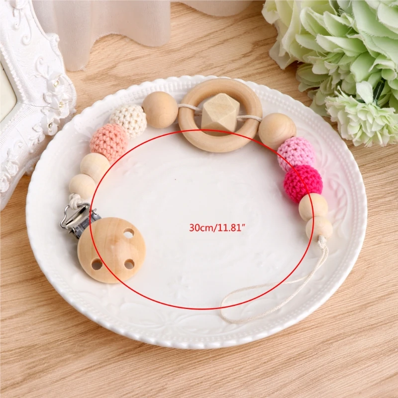 Baby Kids Wooden Beaded Pacifier Holder Clip Nipple Teether Dummy Strap Chain