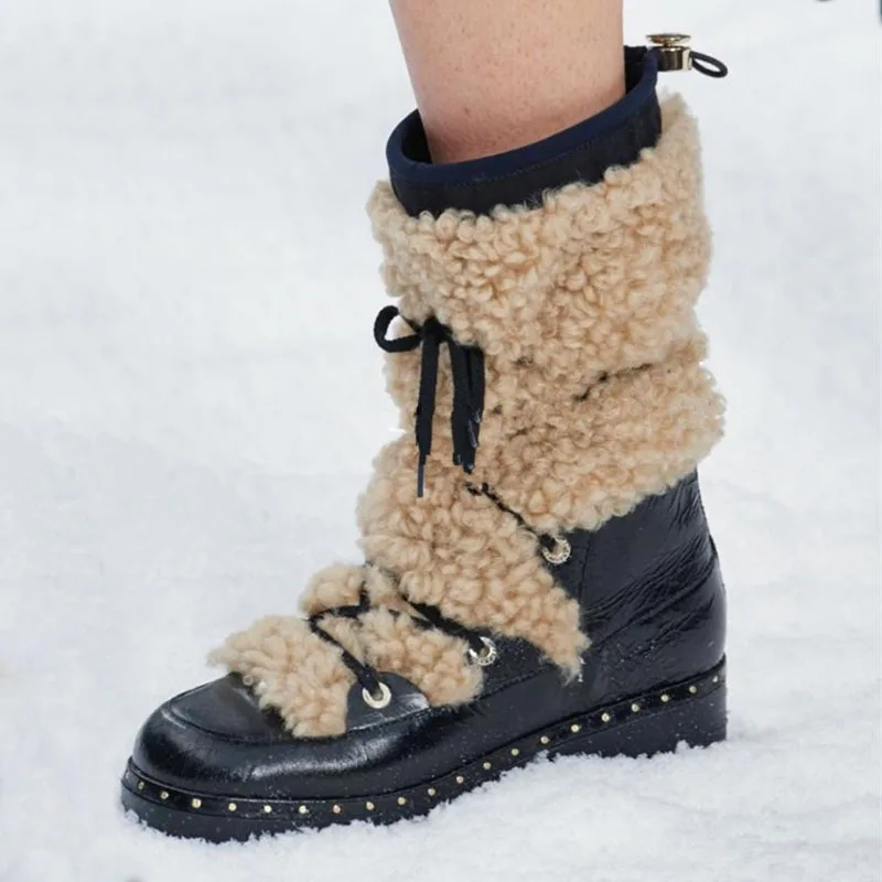RIZABINA, Брендовые женские зимние сапоги, натуральная кожа, плюш, мех, теплые зимние сапоги до середины икры на плоской подошве, повседневная Дизайнерская обувь, размеры 34-43
