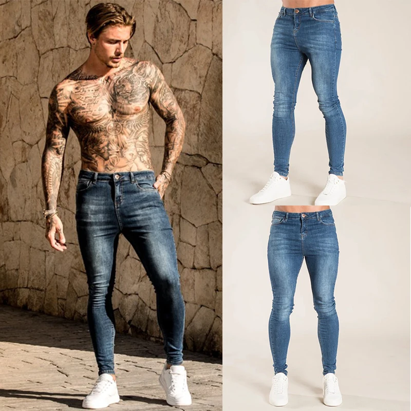 Blue Stretch Skinny Jeans Men Denim Pants Elastic Waist Zipper Fly Solid Color Trousers Harajuku Washed Hip Hop Black Jean | Мужская