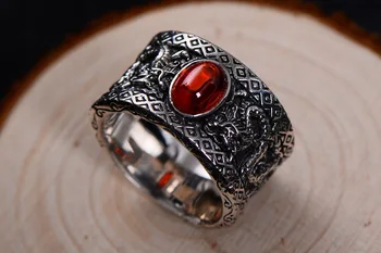 

925 Sterling Silver &garnet Mens Biker oxidized Dragon Ring Rings Jewelry A3952