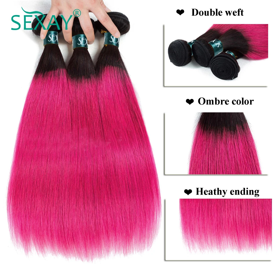 SEXAY пучки человеческих волос Ombre 3/4 шт. один пакет 1B розового цвета темные корни предварительно Цветной бразильские волосы, волнистые пряди, прямые волосы Remy