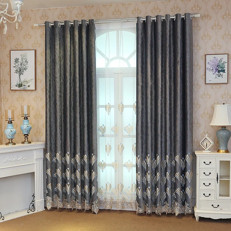 

Polyester Drapes for Living Room Luxury Gray Curtains with Embroidery for Bedroom Window Treatment Sheer Tulle Curtains