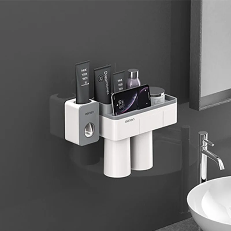 2 Grey add Toothbrush Holder Wall Mounted Automatic Toothpaste Dispenser Storage Rack Hair Dryer Holder Tissue Box Bathroom Accessories Set - Цвет: 2 Grey add