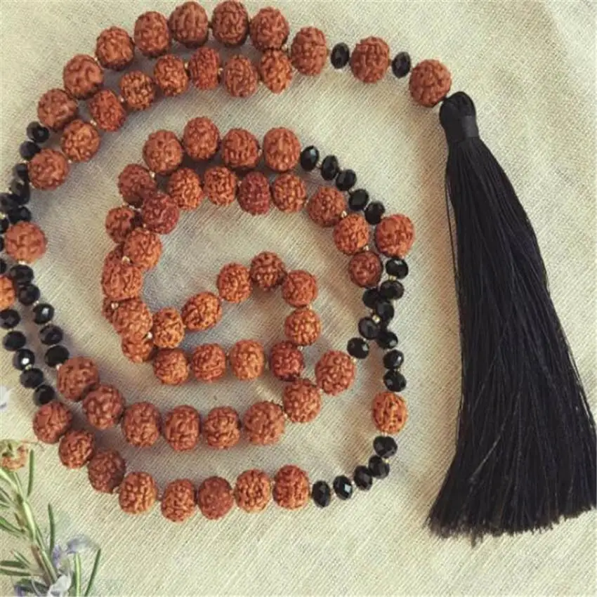 

8mm 108 Rudraksha section Black stone Tassels Mala Necklace Chakas yoga