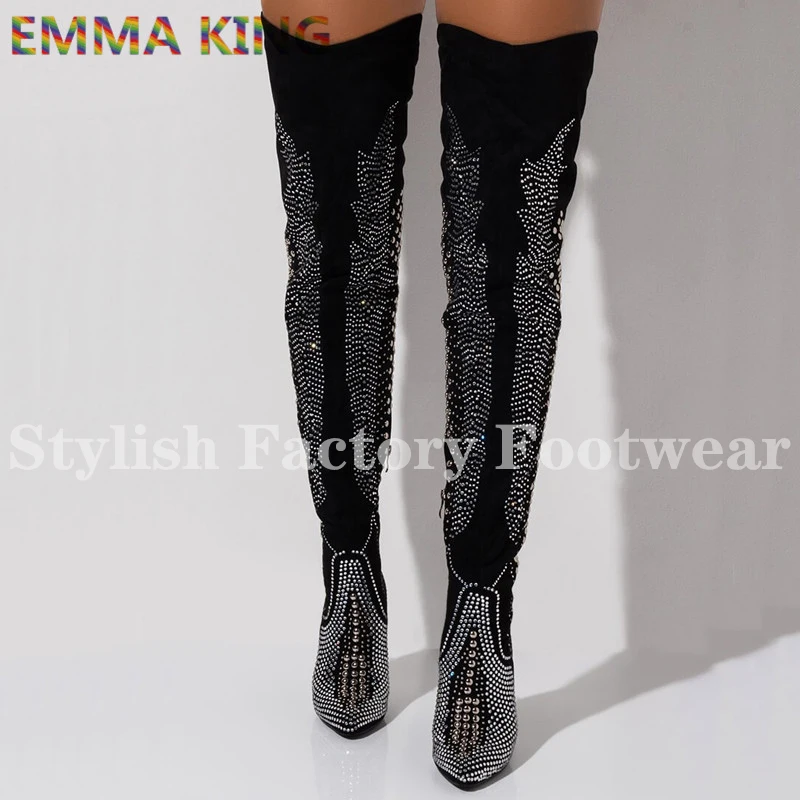 Emma king/роскошные бархатные сапоги выше колена с кристаллами; сезон осень-зима; женские сапоги на высоком каблуке с заклепками, заклепками и ремешком