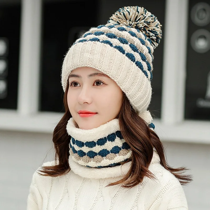 Женская зимняя шапочка-шарф, набор, вязаная шапка с помпоном, теплая, толстая, плюшевая подкладка, Круглый шейный шарф