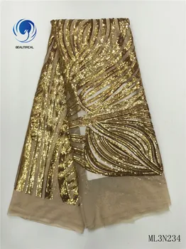 

Beautifical african lace fabrics Gold sequins embroidery tulle mesh lace fabrics Fashion style nigerian lace fabric ML3N234