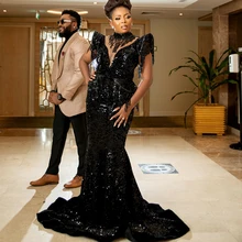 Robe de soirée longue noire scintillante, forme sirène, col haut, sans manches, traîne de balayage, paillettes, gland, effet d'illusion, corsage, robe élégante pour femmes 