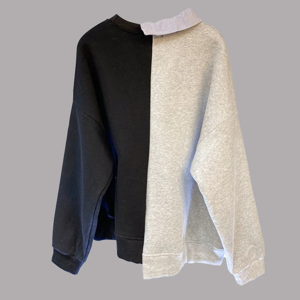 

Korean Version Japanese Hoodie Fashion Casual Autumn Winter Contrast Splicing Irregular Round Neck Long Sleeve Coat