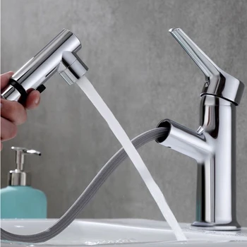 

Pull Out Bathroom Sink Faucet Hot and Cold Water Mixer Crane Lift Up and down Chrome Finished 360 Degree Water Mixer Tap