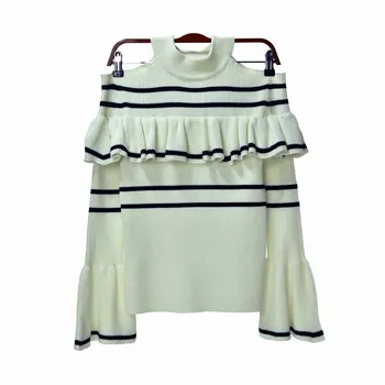 

18 Autumn Stripes Horn Sleeve Off Shoulder Lace Slim Fit Backing Half Gao Collar Sweater Knitting Shirt 81098