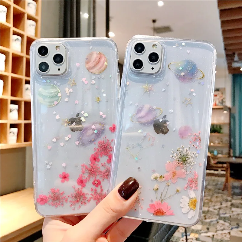 Tfshining dried real flower Planet handmade clear pressed phone case For iphone XR X XS MAX 11 Pro Max 6 6S 7 8 Plus Soft Cover | Мобильные