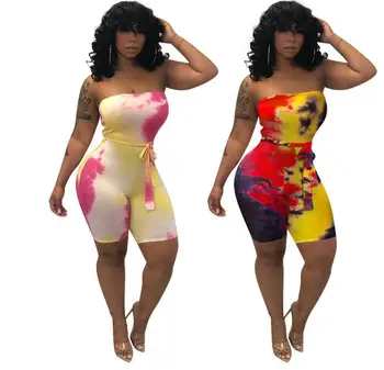 

Women Strapless Tie Dyed Printed With Belted Bodycon Above Knee Wetsuit Beach Vacation Romper Sexy Club Romper 2 Color