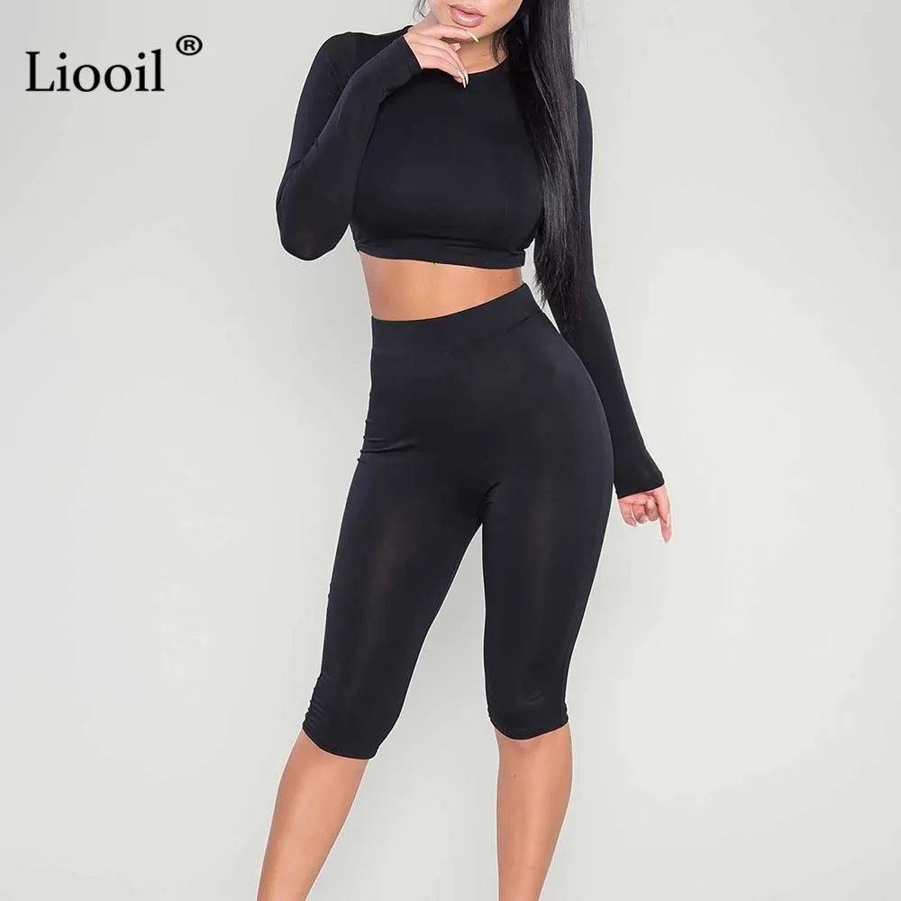 Liooil женский комбинезон бодикон из двух частей, новинка, летний черный сексуальный клубный элегантный комбинезон до колена с длинным рукавом и комбинезоны
