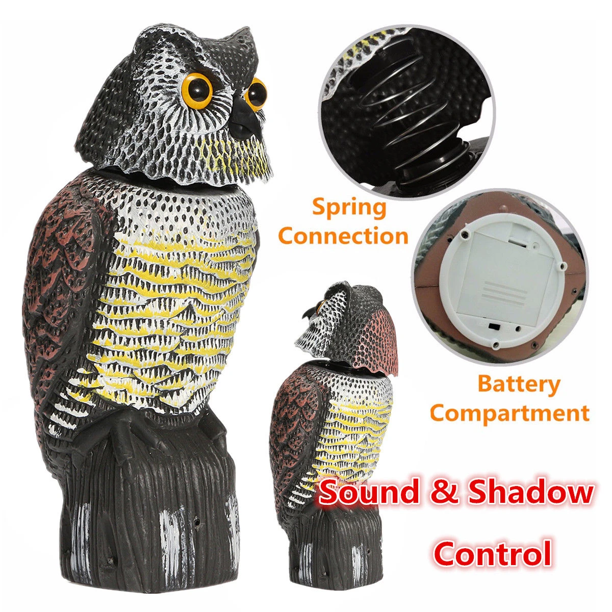1pc Realistic Bird Scarer Rotating Head Sound Owl Prowler Decoy Protection Repellent Pest