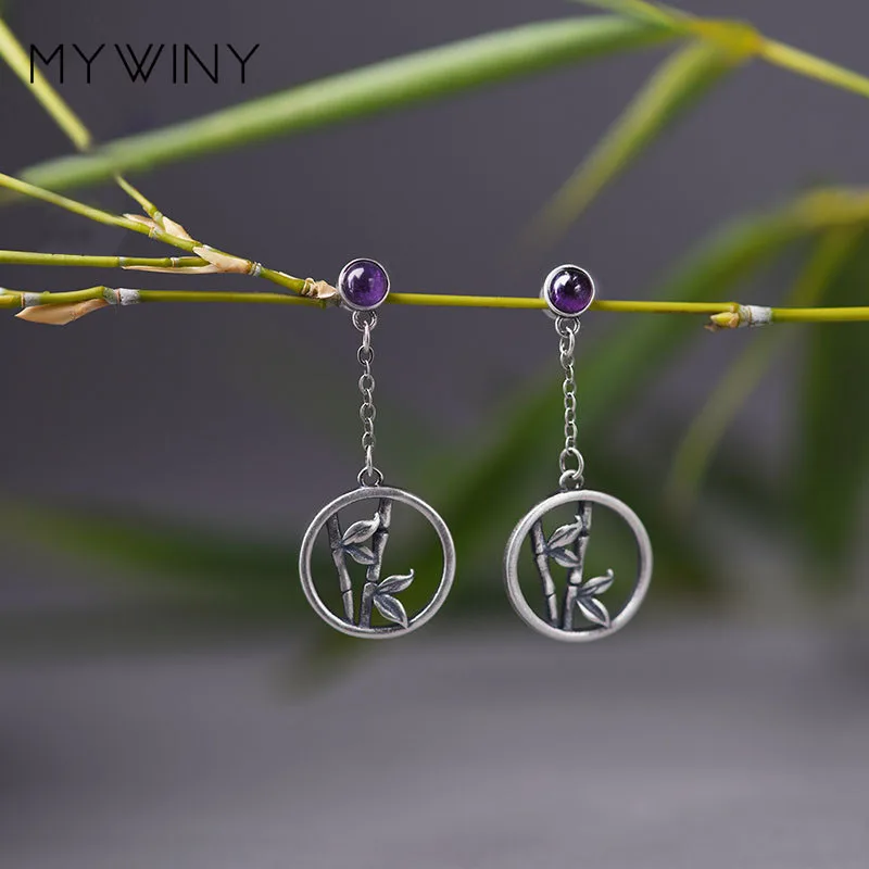 New original design vintage bamboo silver earrings for women girl,ethnic sterling chrysoprase drop long earrings jewelry