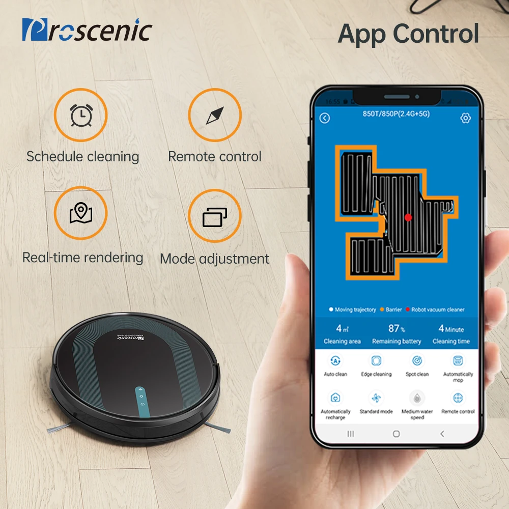 Proscenic 850T Robot Vacuum Cleaner Vboost Technology Alexa Google Home App  Control 500ml Big Dust Electric Water Tank 2600mAh