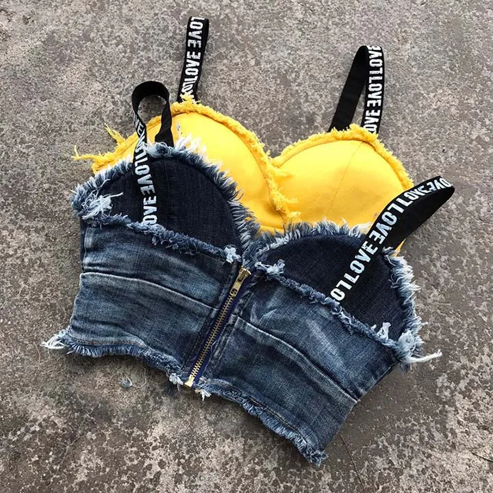 Sexy Women Bralette Crop Top Summer Denim Cotton Party Bustier Cropped Top Camis Fall Vest Jeans Camis Bikini  Clubwear 5 Colors pink camisole