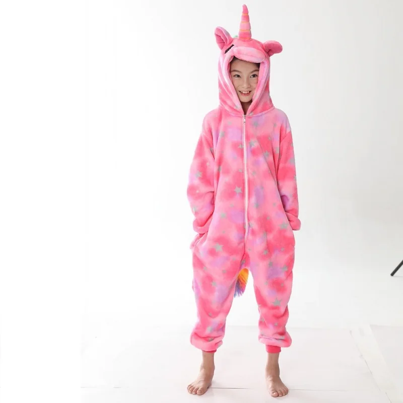 Pink star unicorn Фланелевая теплая Рождественская одежда для сна с капюшоном для девочек и мальчиков; домашняя одежда; зимние пижамы; детские комбинезоны; Пижама с единорогом кигуруми; Новинка - Цвет: Pink star unicorn