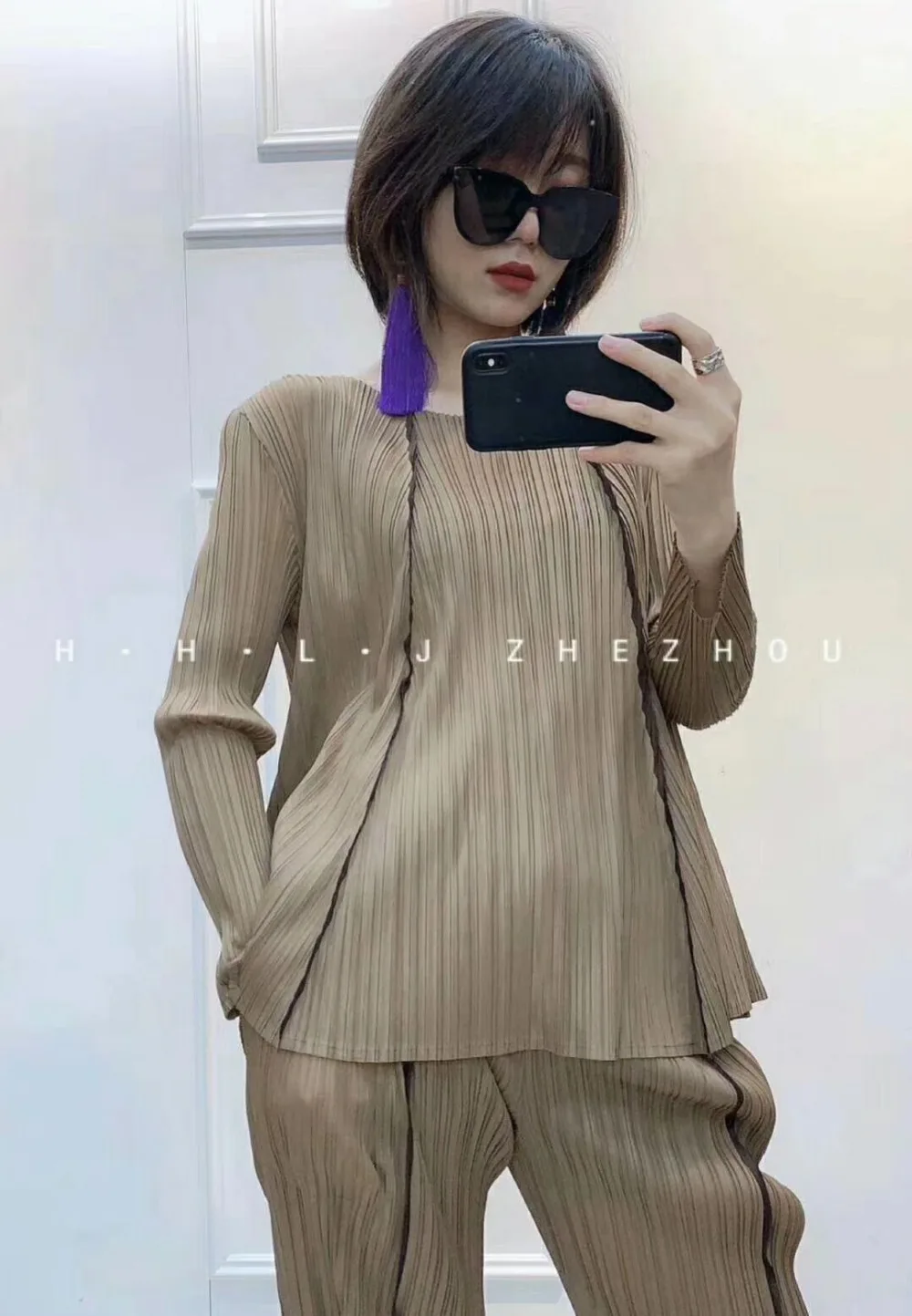 Miyake fashion suit fold o-neck long sleeve T-shirt+ nine points Harem pants two-piece outfit IN STOCK