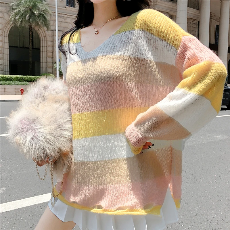 

2020 Fashion Sweet V Neck Long Sleeve Rainbow Striped Knitted Pullover Elegant Korean Loose Sweater Women Women Sweater