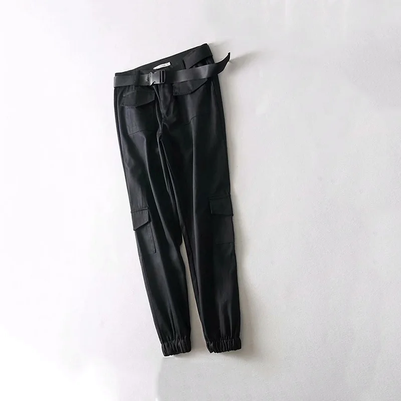 Женские модные черные брюки карго с высокой талией и карманами, дышащие обтягивающие брюки для бега, свободные уличные корейские женские брюки - Цвет: Black