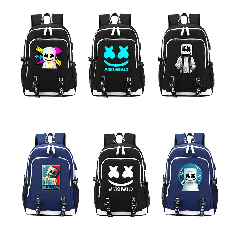 

HOT USA DJ Marshmello canvas backpack Dotcom WaVeZ FinD Me fans student schoolbag Luminous at night Laptopbag USB charging