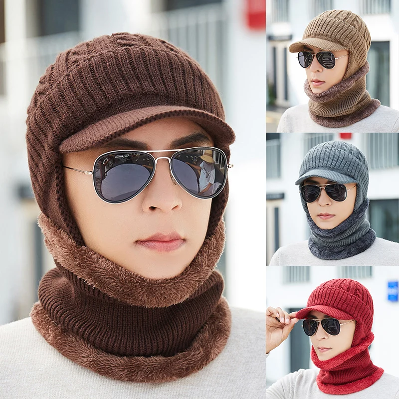 

Men Winter Warm Twist Earmuffs Knit Cap collar Hat Neck Warmer Crafts Knit Visor Beanie Fleece Lined Ear Flap Cap
