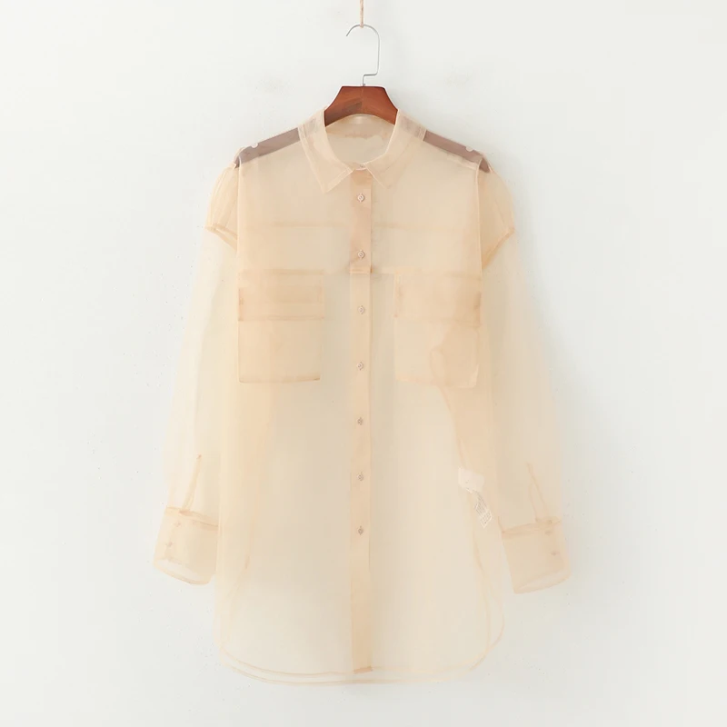 Najtaniej Lato top 2019 dorywczo beżowy odzież damska z długim rękawem koszule damskie mesh kobiet popy i bluzki