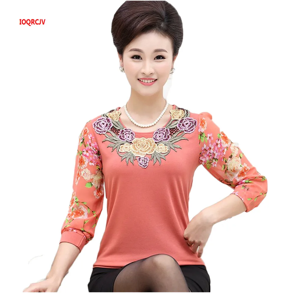 

2022 Spring Summer Mother Clothing Chiffon Sleeve Shirt Female Tops Middle-aged Women O-Neck Blouse Slim Pullover 1162