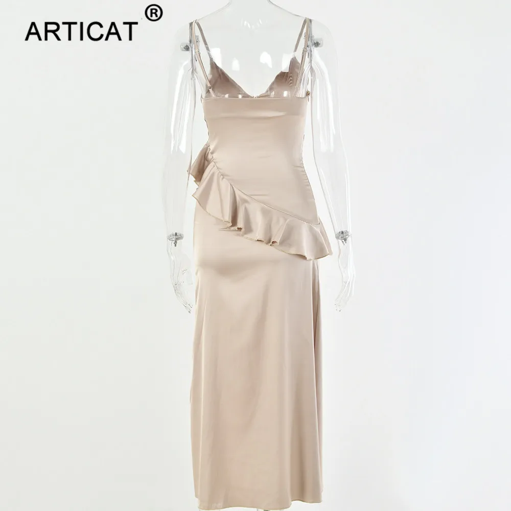 Articat, асимметричное, с оборками, сексуальное, сатиновое платье, женское, элегантное, на тонких бретелях, с разрезом, облегающее, рождественское платье, для девушек, длинное, вечерние, платье