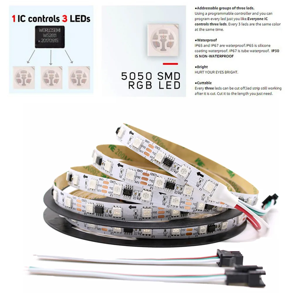 Пиксельная Светодиодная лента WS2811 5050 RGB 1/2/5 м 12 В постоянного тока полноцветная