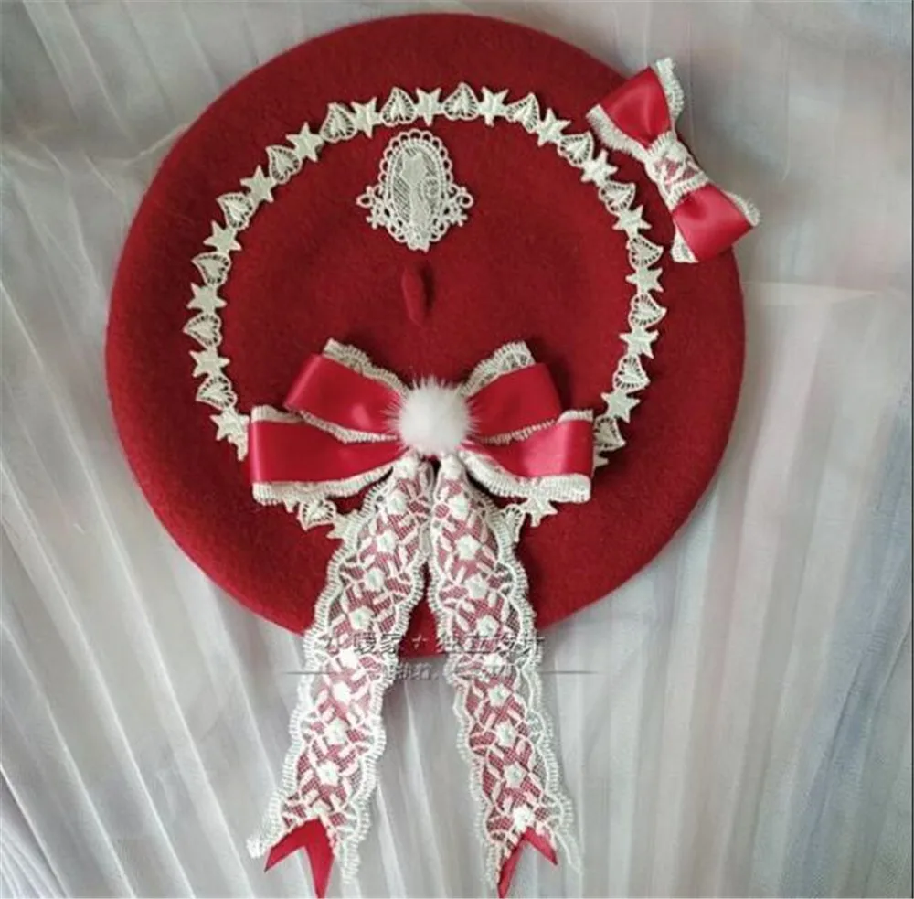 Милый берет ручной работы с бантиками в стиле &quotЛолита&quot для девочек шерстяная