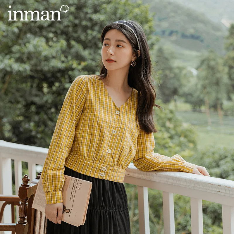 INMAN Spring Autumn Retro Style Vintage V-neck Contrast Color Yellow Checked Cotton Long Sleeve Loose Blouse | Женская одежда
