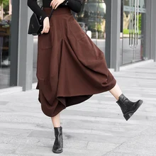 Новая осенне-зимняя юбка в стиле ретро, женская Свободная юбка с эластичным поясом, черная Толстая теплая Женская Смешанная повседневная юбка-бутон