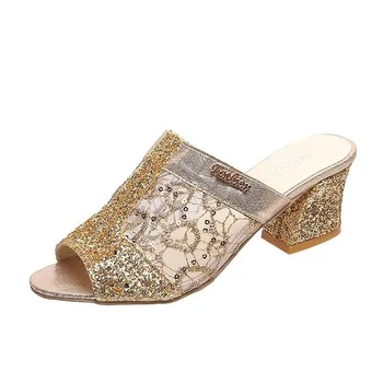 

Woman Summer Sandals Gold Open Toe Sandal Lace Dress Shoes Womens High Heels Sandals Square Heeled Pumps Ladies Shoes