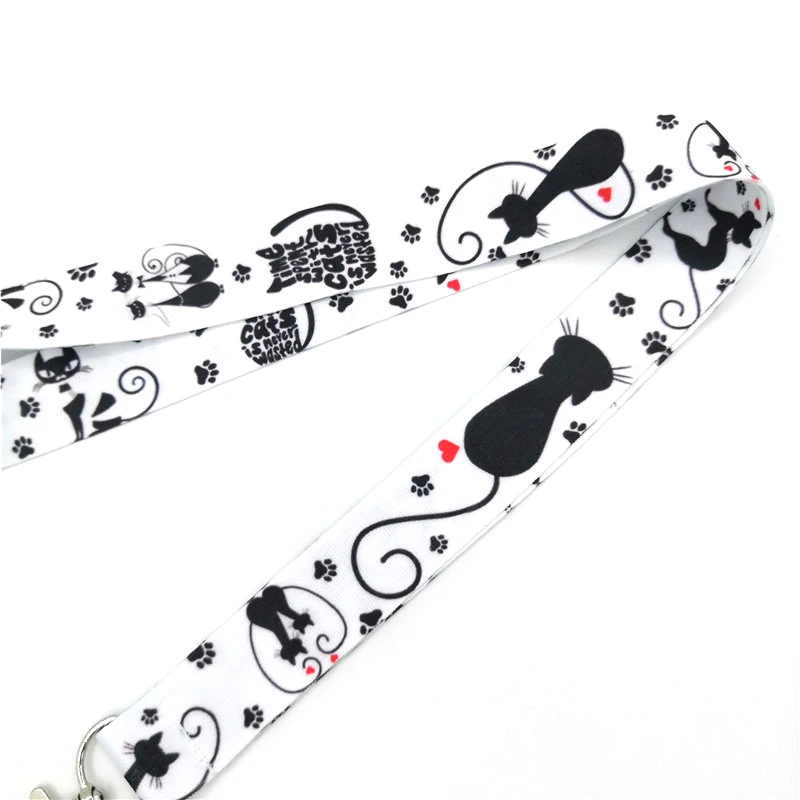 Черный кот мультфильм брелок ремешок тесьма лента шейный ремень эмблема на ткани держатель телефона ожерелье аксессуары