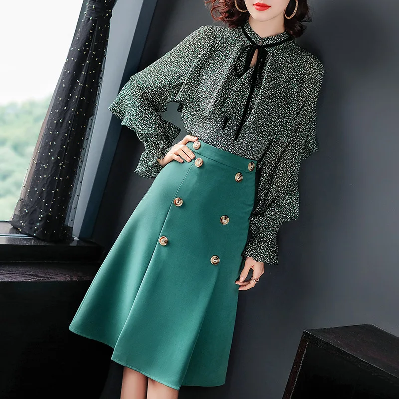 

Elegant Chiffon Blouse Skirts Set 2 Piece Set Women Outfits Costume Matching Sets Spring Summer Two Piece Clothes LWL1707