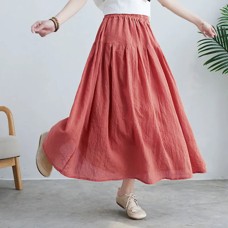 Skirts Women Summer Cotton Linen Comfortable Ankle Length Elegant Fairy Minimalist Chinese Style 6-colors Casual A-line Solid