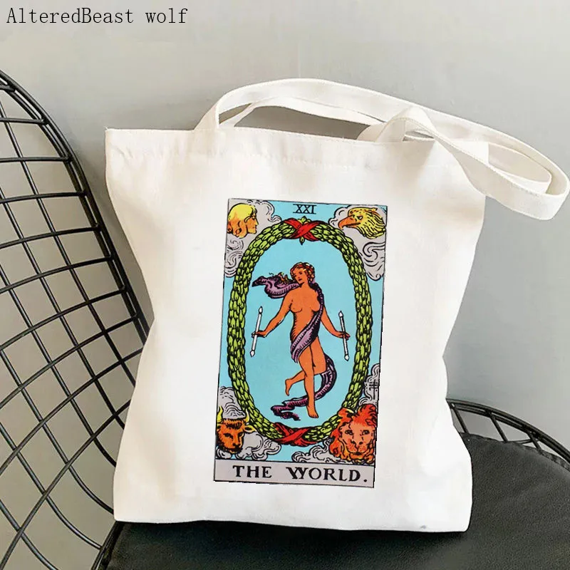 Women Shopper bag The Tower Tarot Card Printed Bag Harajuku Shopping Canvas Shopper Bag girl handbag Tote Shoulder Lady Bag