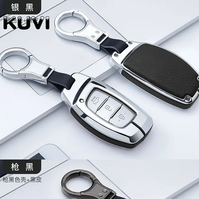 Сплав кожаный дистанционный автомобильный чехол для ключей для hyundai IX25 IX35 I20 I30 I40 hb20 Santa Fe Creta Solaris чехол для ключей - Название цвета: silver black