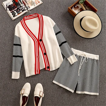 

Knit Striped Long Sleeve Single Breasted Cardigan Sweaters Tops+Elastic High Waist Knitted Shorts Women Fashion Autumn 2PCS Sets
