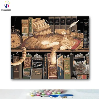 

DIY Coloring Paint by Numbers Cat Sleeping on The Book Paintings Canvas One Piece Animal 50x40 60x50 75x60 90x70 100x80