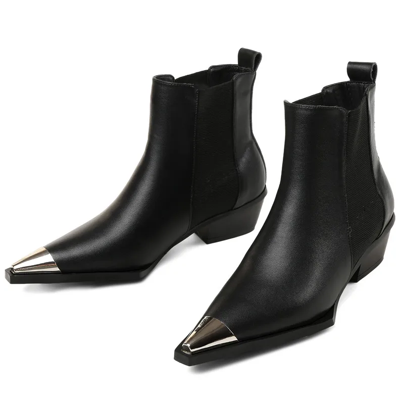 MStacchi/женские ботинки челси; botas mujer invierno; коллекция года; ботильоны из коровьей кожи с острым носком на каблуке; женская обувь с металлическим украшением