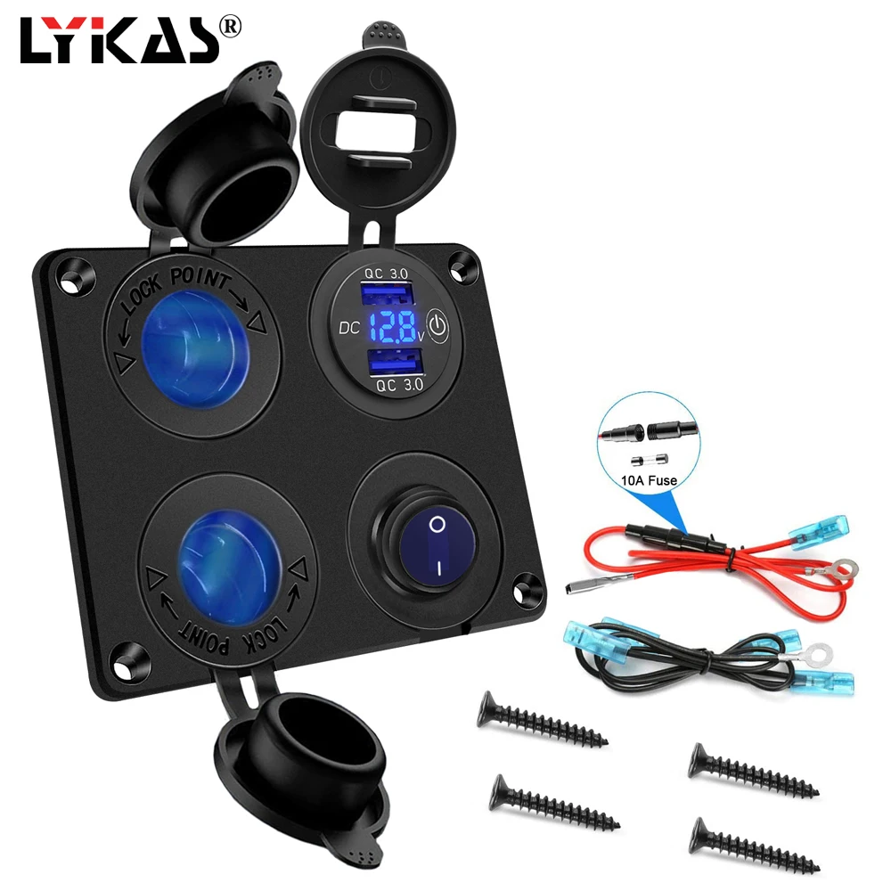 

LYKAS USB Charger Socket Panel Power Outlet with LED Voltmeter Cigarette Lighter Socket On Off Switch for Truck Boat Car Marine