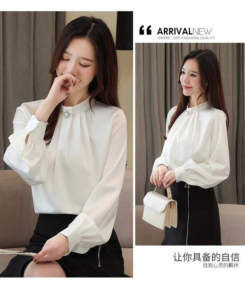 Autumn New Arrival Fashion Stand Collar Solid Color Long Sleeve Woman Chiffon Blouse Plus Size S-3XL